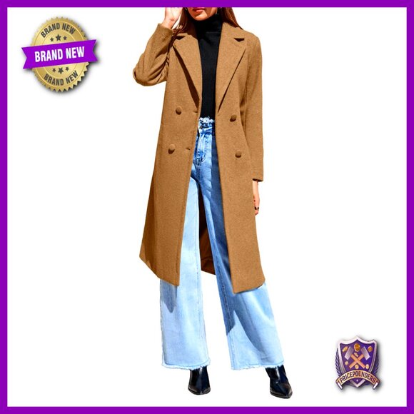 Classic Wool Pea Coat Double Breasted Long Overcoat Trench Belted Elegant